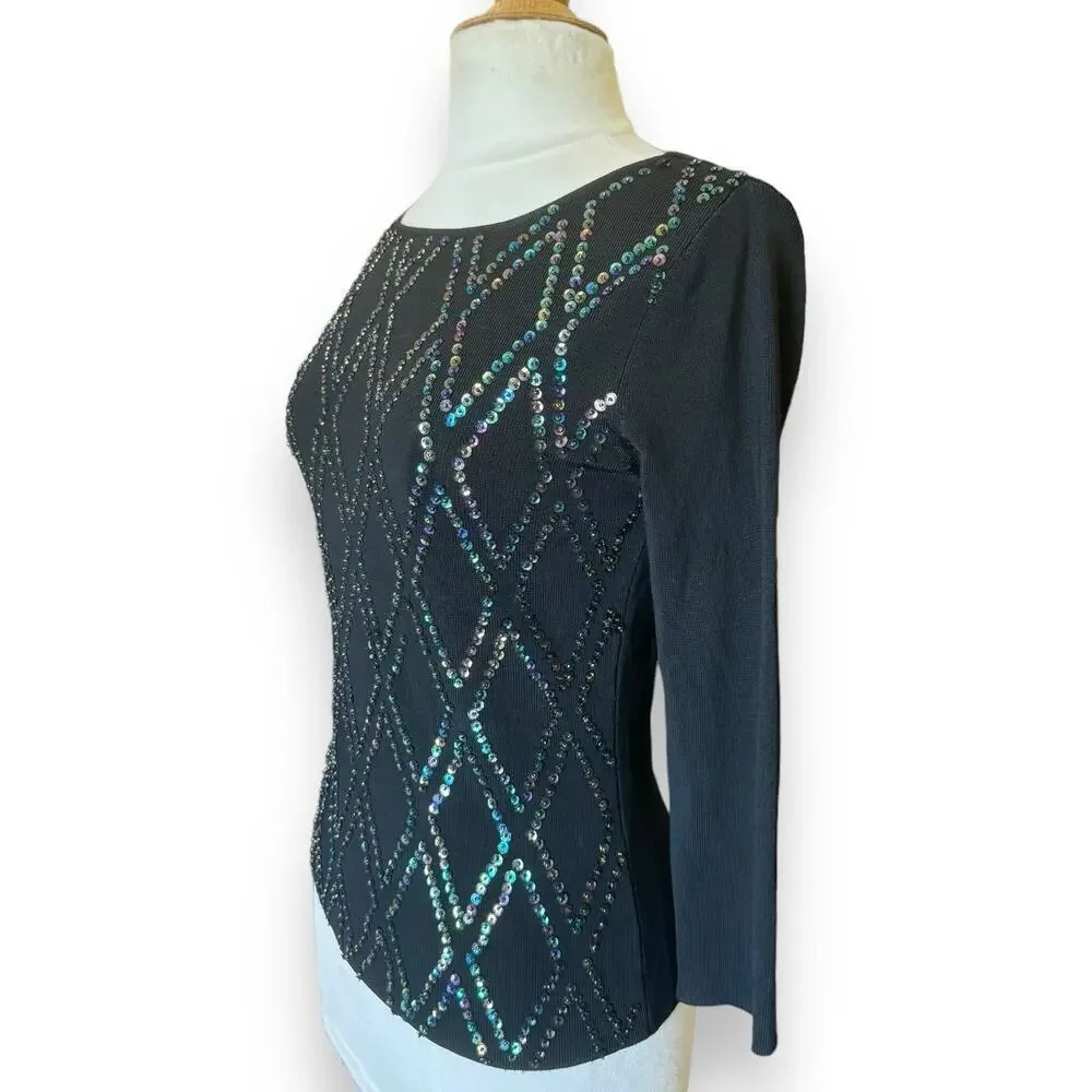 Vintage 90s Y2K Beaded Sequin LS Black Top - Picture 4 of 5
